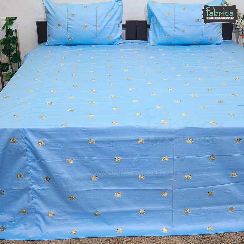 Elephant Motif Foil Work Embroidered King Size Bedsheet