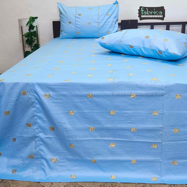 Elephant Motif Foil Work Embroidered King Size Bedsheet