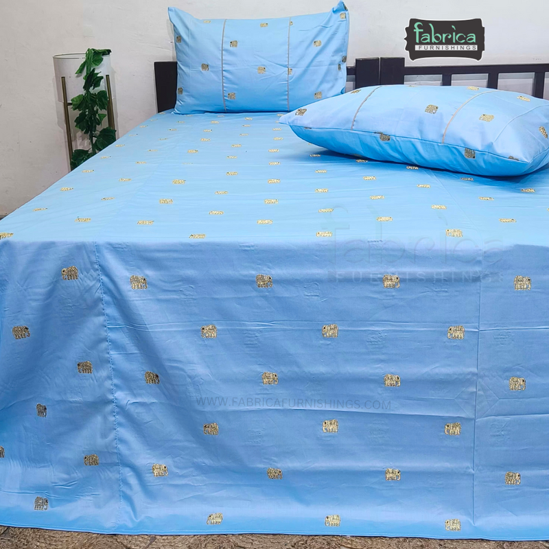 Elephant Motif Foil Work Embroidered King Size Bedsheet