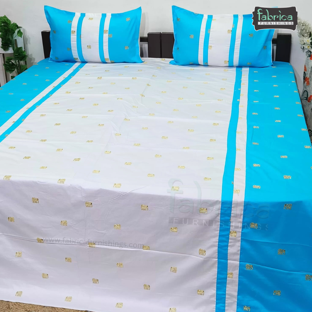 Elephant Motif Foil Work Embroidered King Size Bedsheet