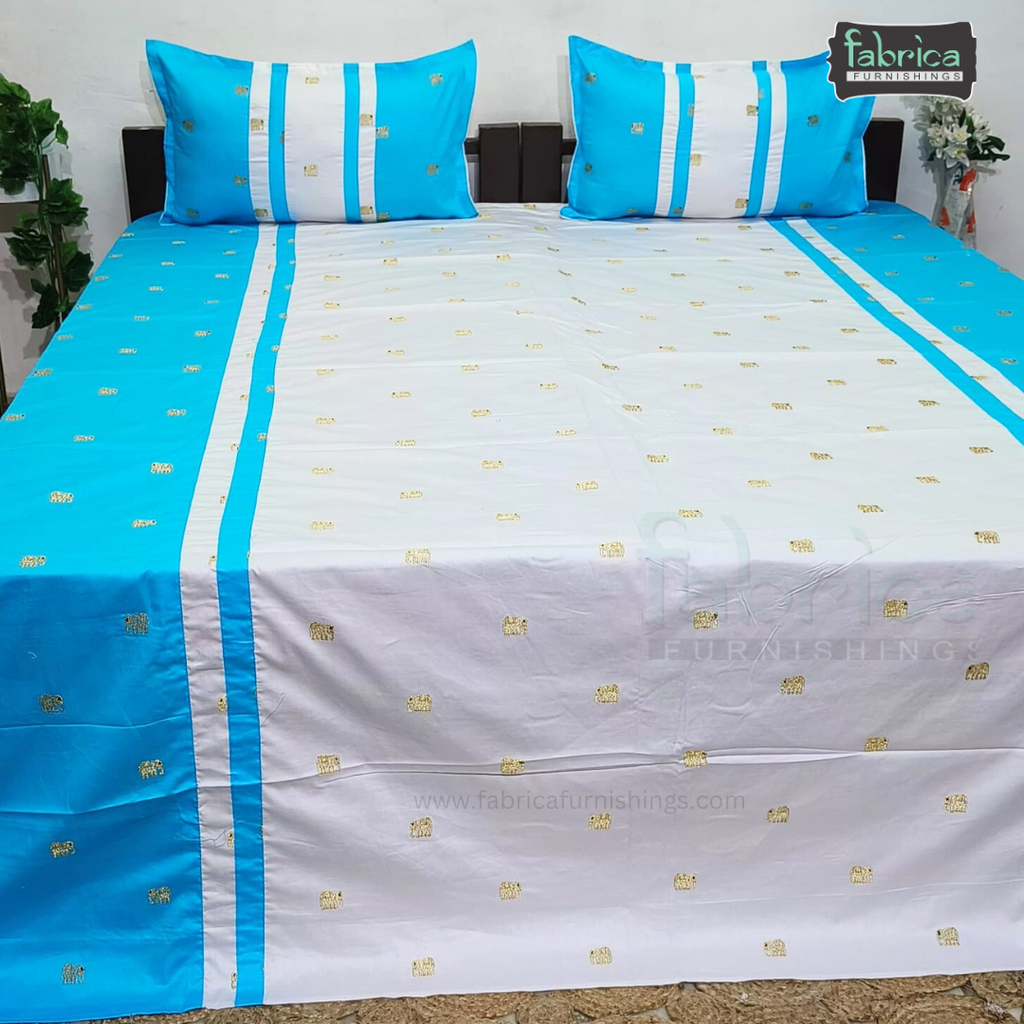 Elephant Motif Foil Work Embroidered King Size Bedsheet