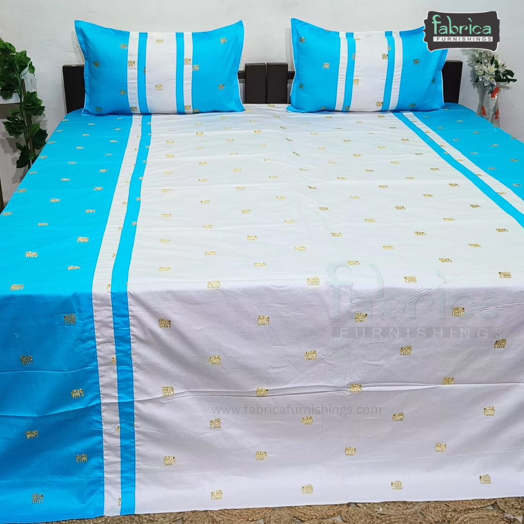 Elephant Motif Foil Work Embroidered King Size Bedsheet