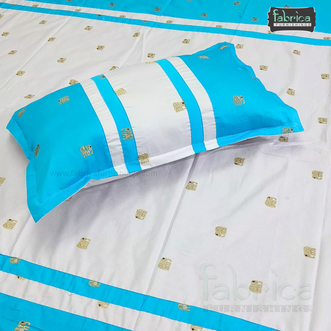 Elephant Motif Foil Work Embroidered King Size Bedsheet