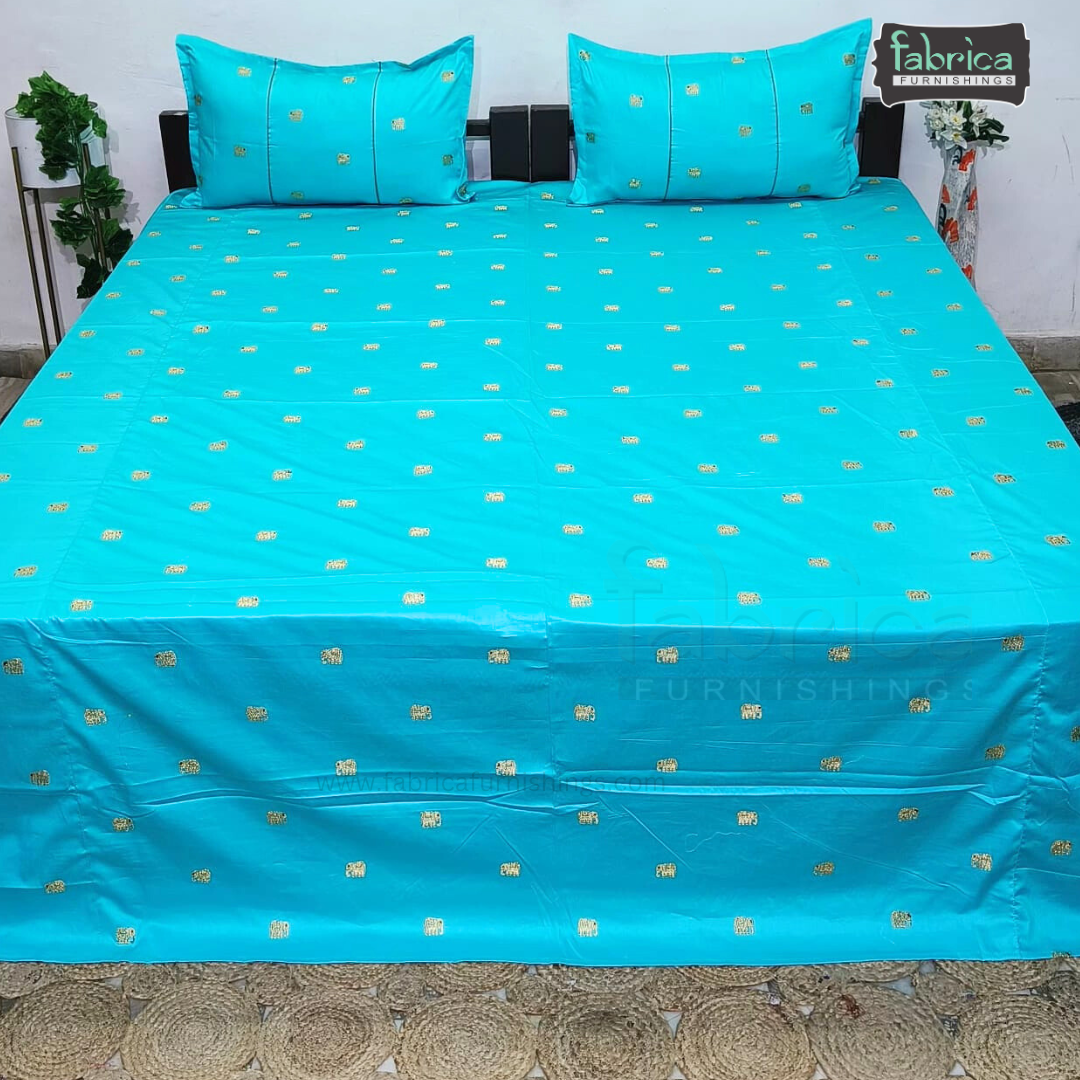 Elephant Motif Foil Work Embroidered King Size Bedsheet