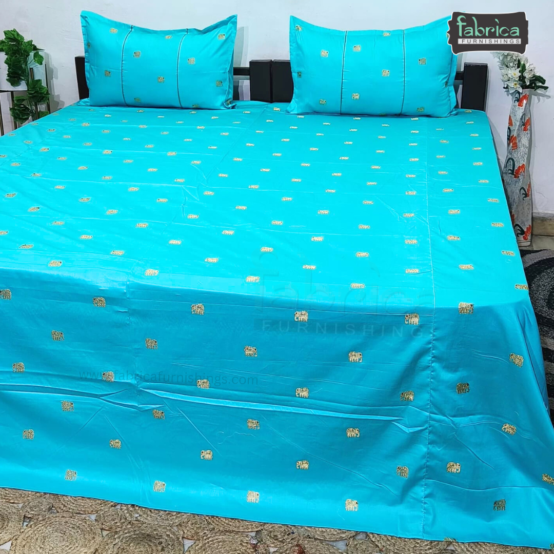 Elephant Motif Foil Work Embroidered King Size Bedsheet