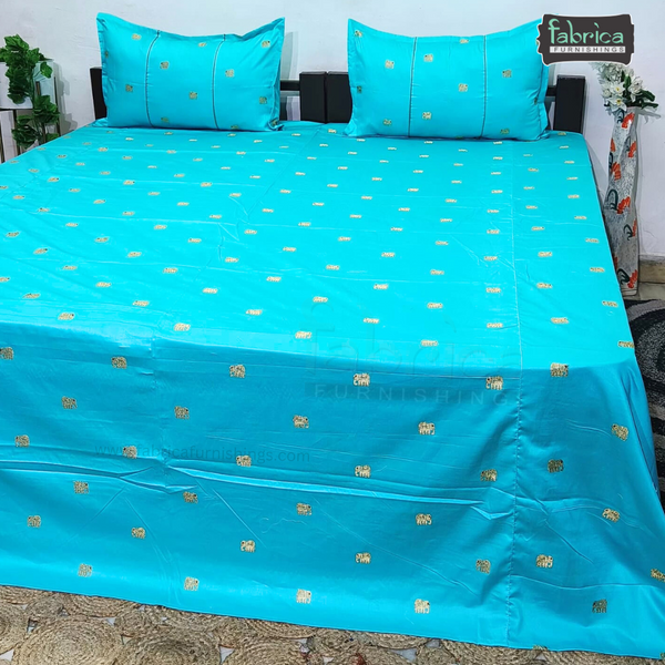 Elephant Motif Foil Work Embroidered King Size Bedsheet