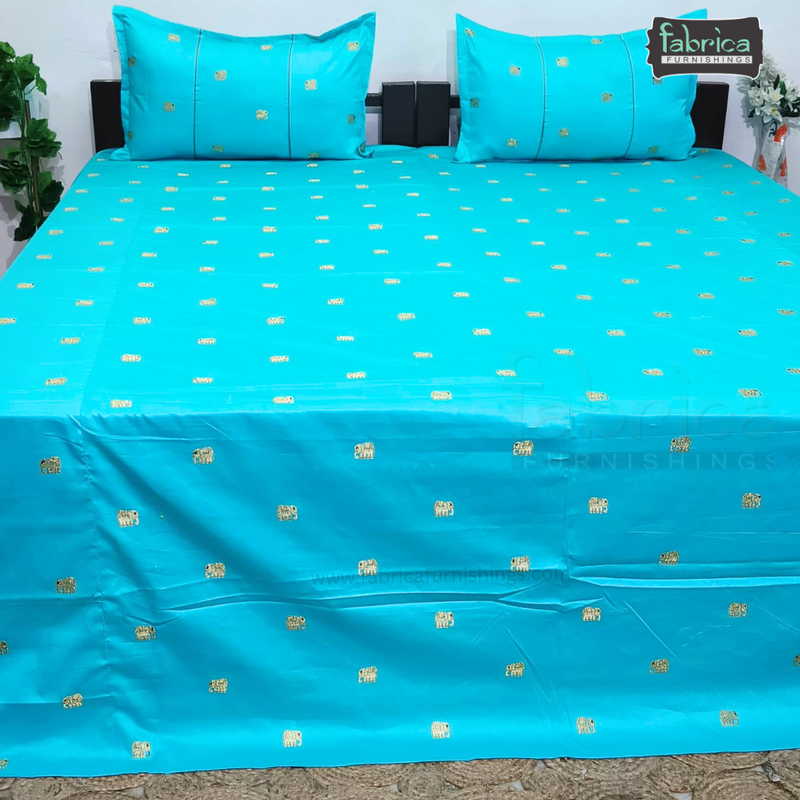 Elephant Motif Foil Work Embroidered King Size Bedsheet