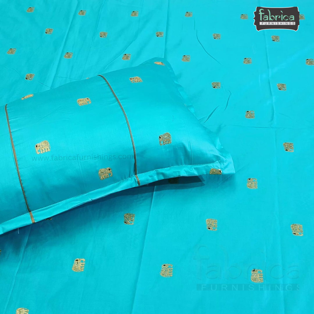 Elephant Motif Foil Work Embroidered King Size Bedsheet