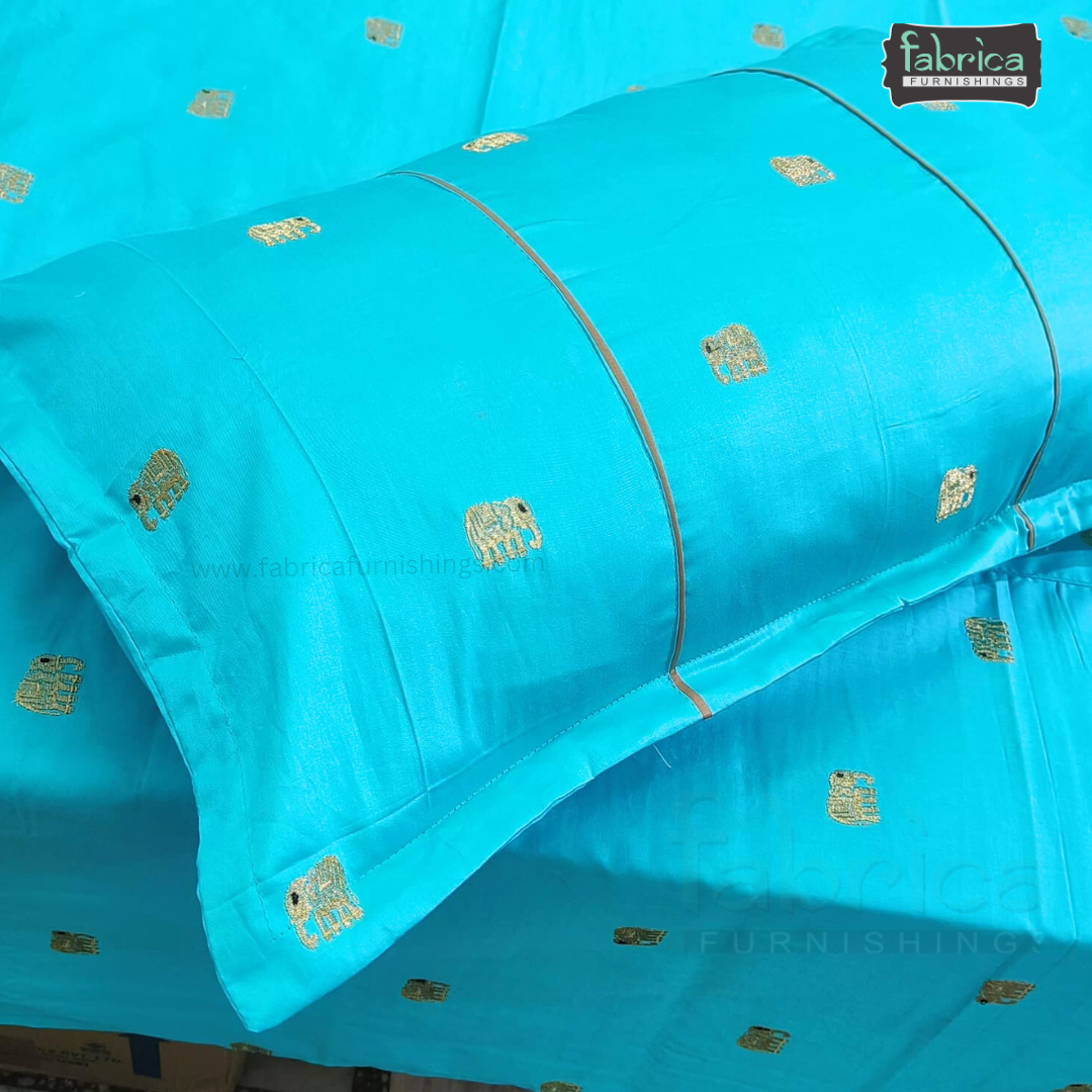 Elephant Motif Foil Work Embroidered King Size Bedsheet