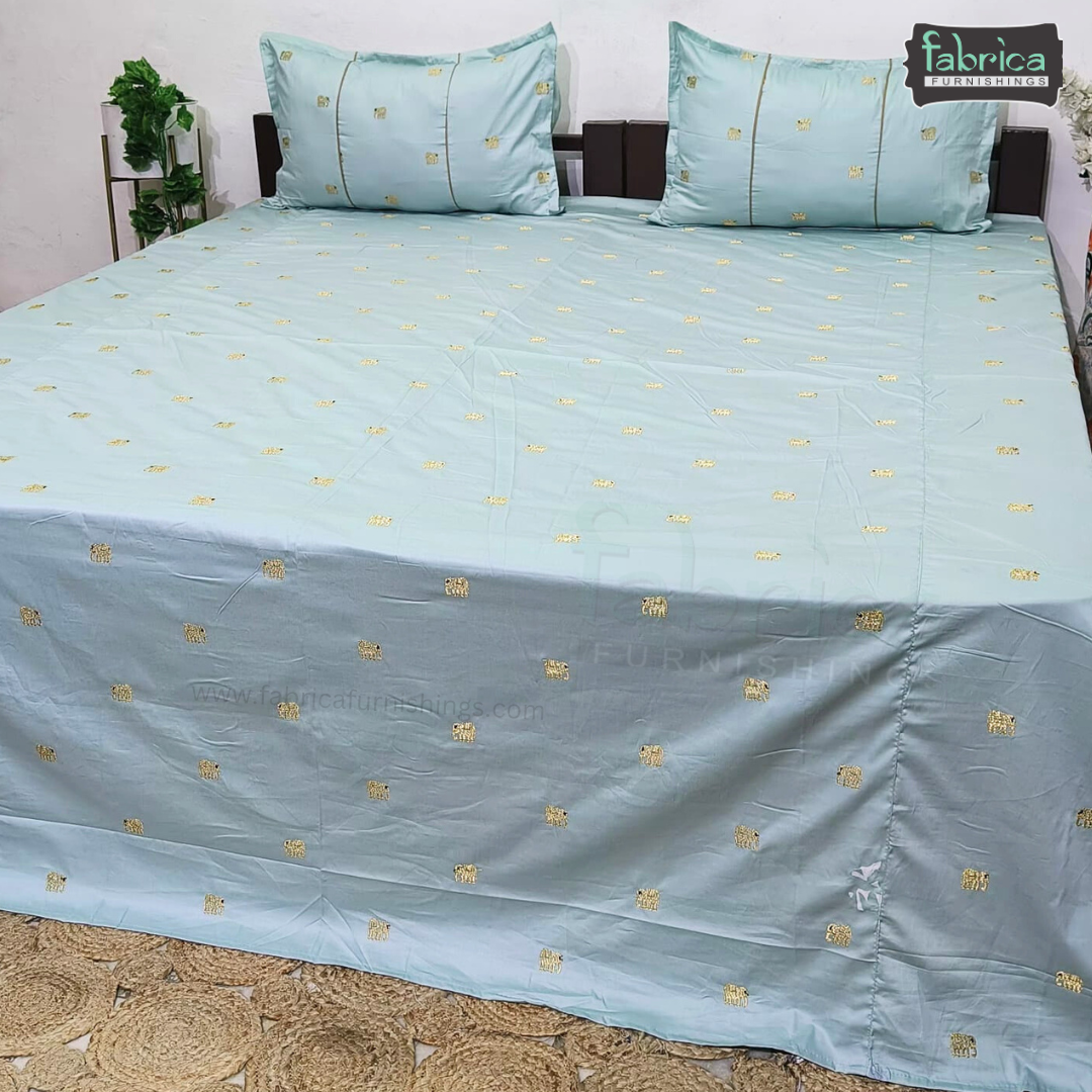 Elephant Motif Foil Work Embroidered King Size Bedsheet