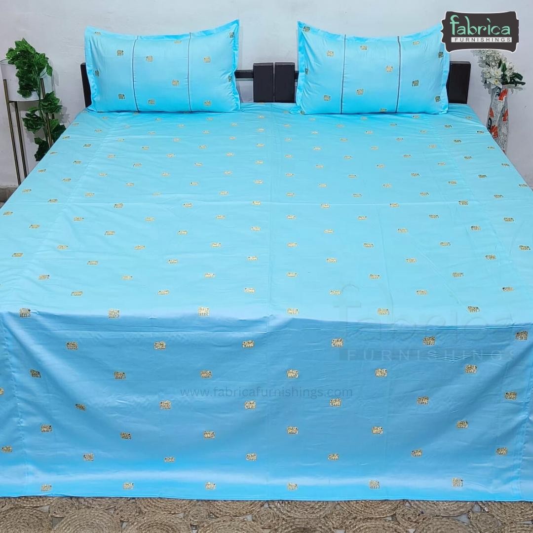 Elephant Motif Foil Work Embroidered King Size Bedsheet