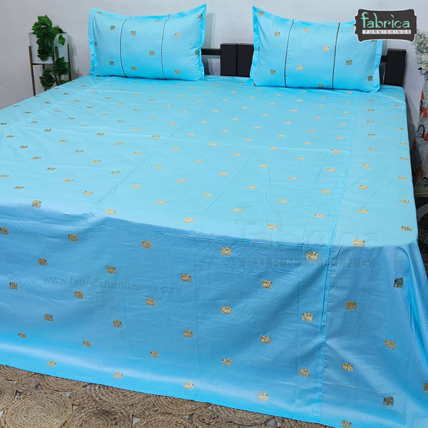 Elephant Motif Foil Work Embroidered King Size Bedsheet