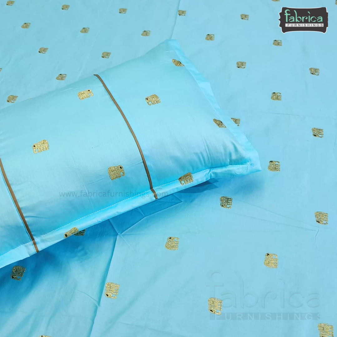 Elephant Motif Foil Work Embroidered King Size Bedsheet