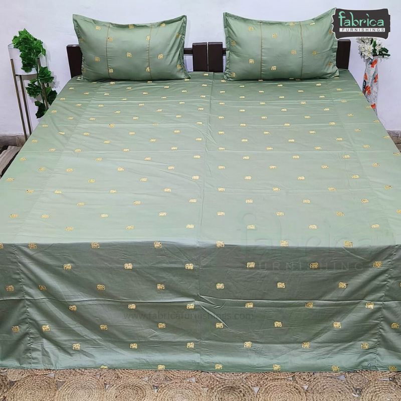 Elephant Motif Foil Work Embroidered King Size Bedsheet