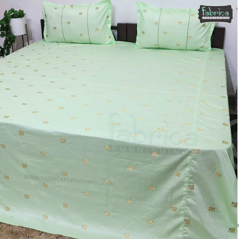 Elephant Motif Foil Work Embroidered King Size Bedsheet