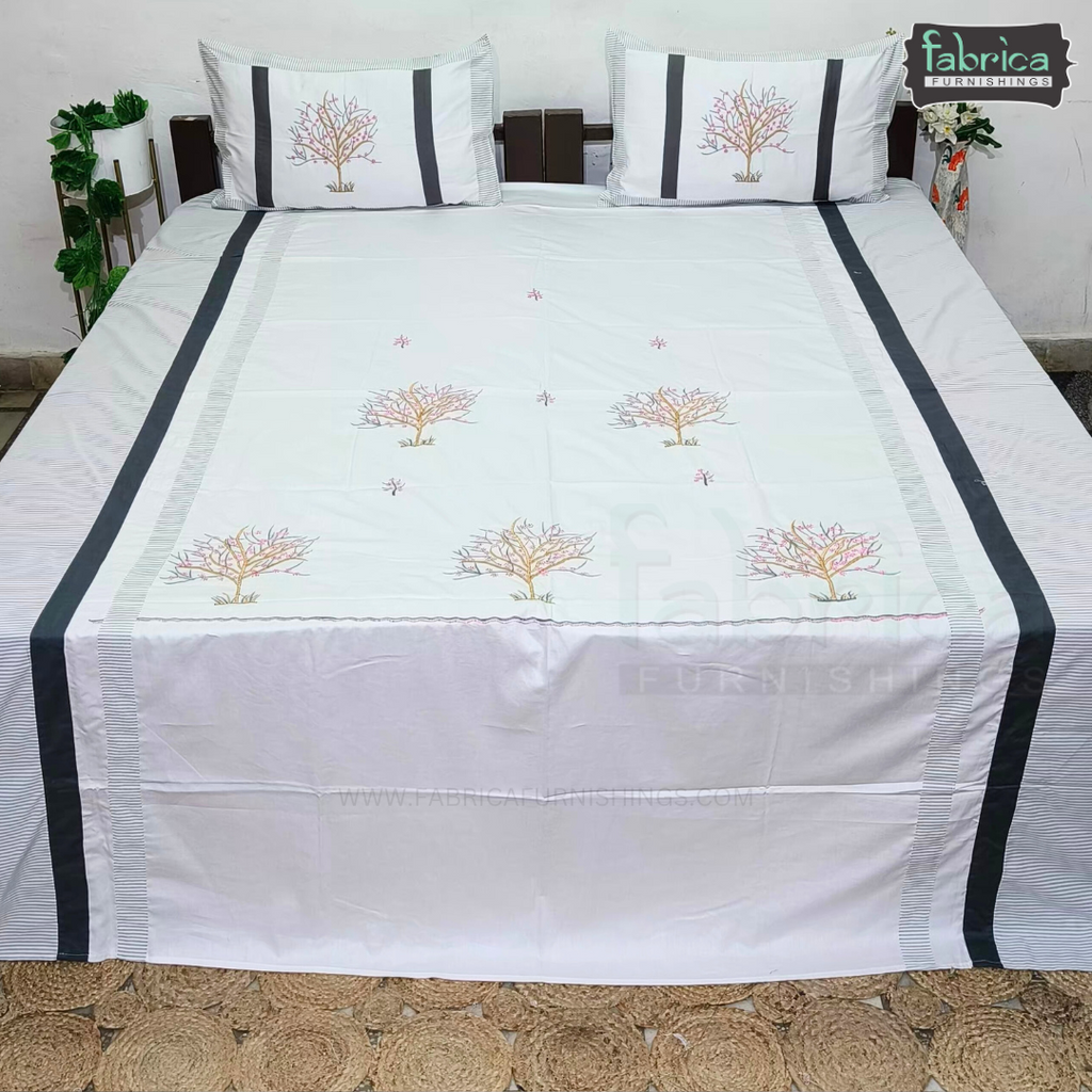 Fabby Decor Designer Pure Cotton King Size Embroidered Bedsheet