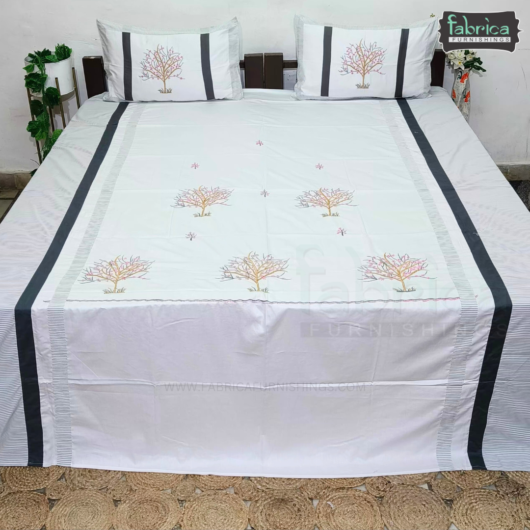 Fabby Decor Designer Pure Cotton King Size Embroidered Bedsheet