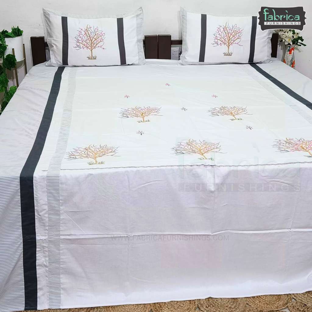Fabby Decor Designer Pure Cotton King Size Embroidered Bedsheet