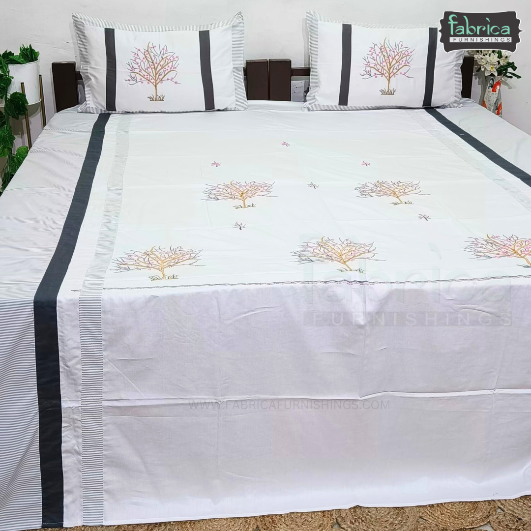 Fabby Decor Designer Pure Cotton King Size Embroidered Bedsheet