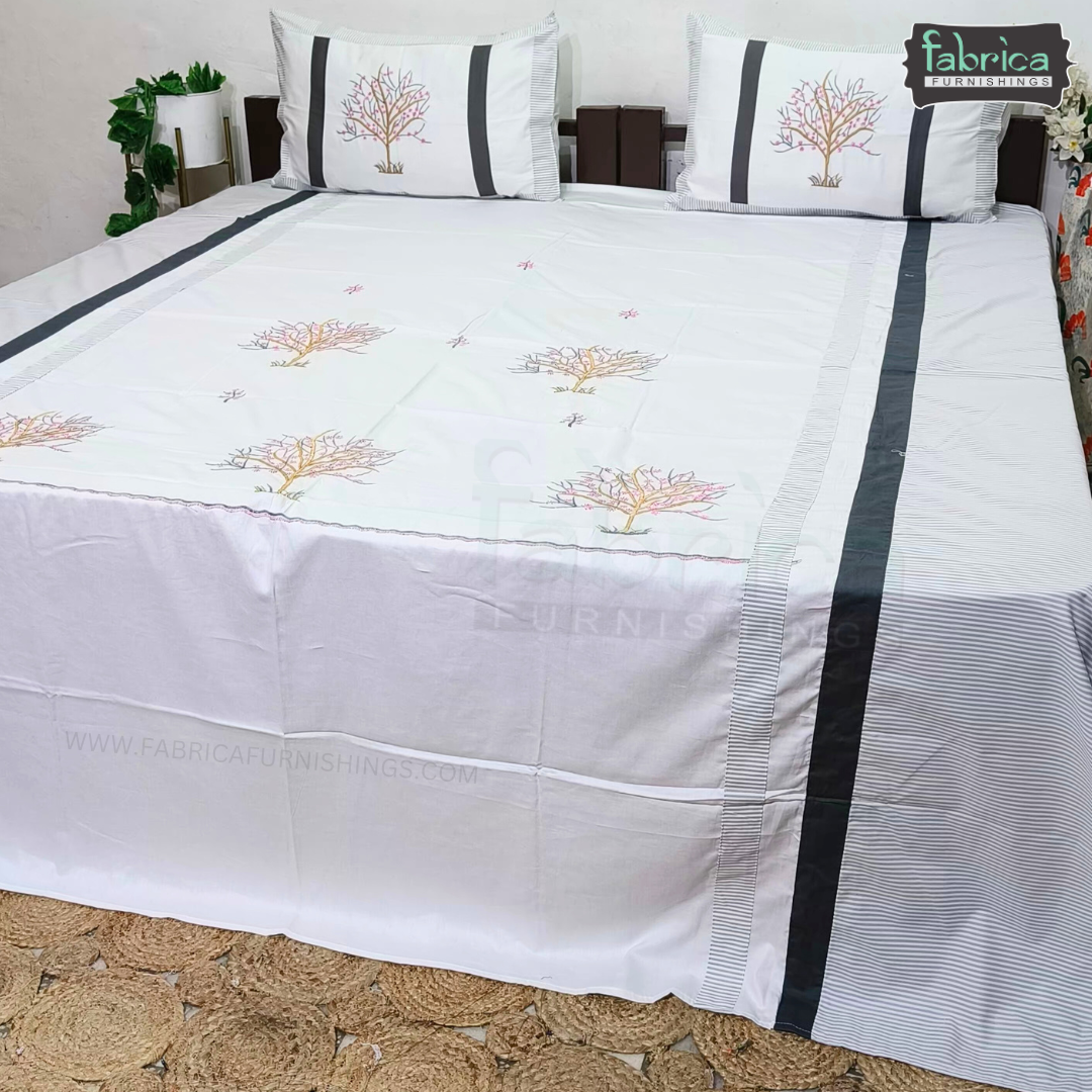 Fabby Decor Designer Pure Cotton King Size Embroidered Bedsheet