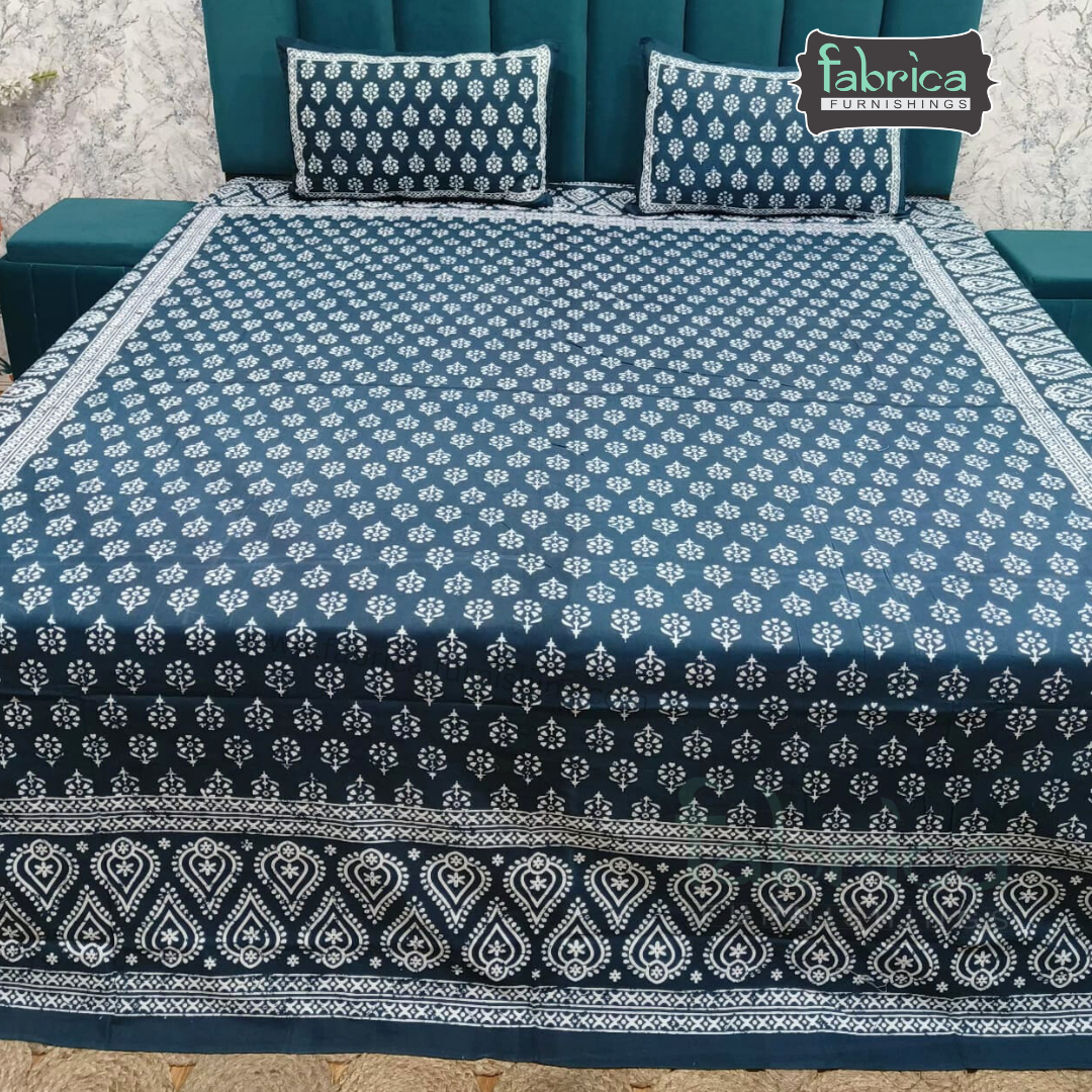 Indigo Printed Double Bed Pure Cotton Bedsheet