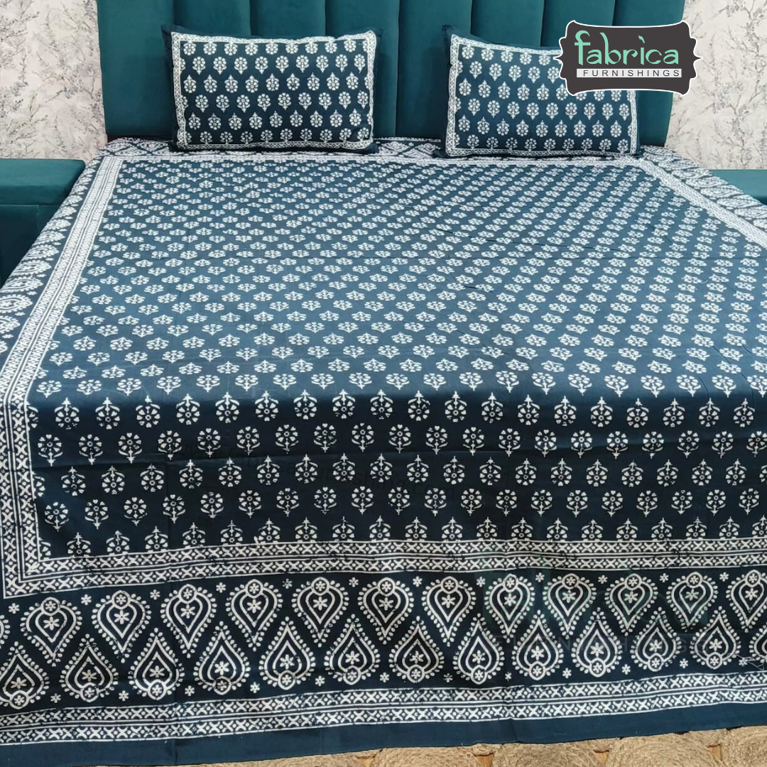 Indigo Printed Double Bed Pure Cotton Bedsheet