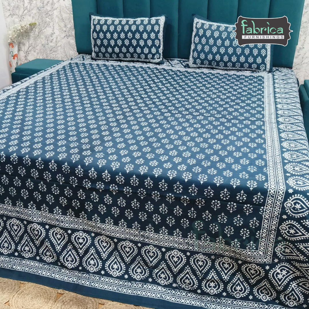 Indigo Printed Double Bed Pure Cotton Bedsheet