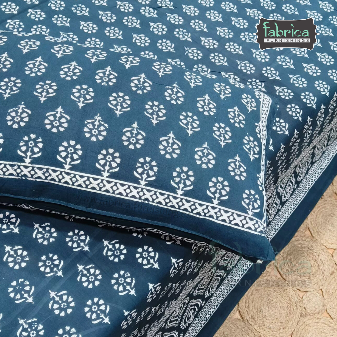 Indigo Printed Double Bed Pure Cotton Bedsheet