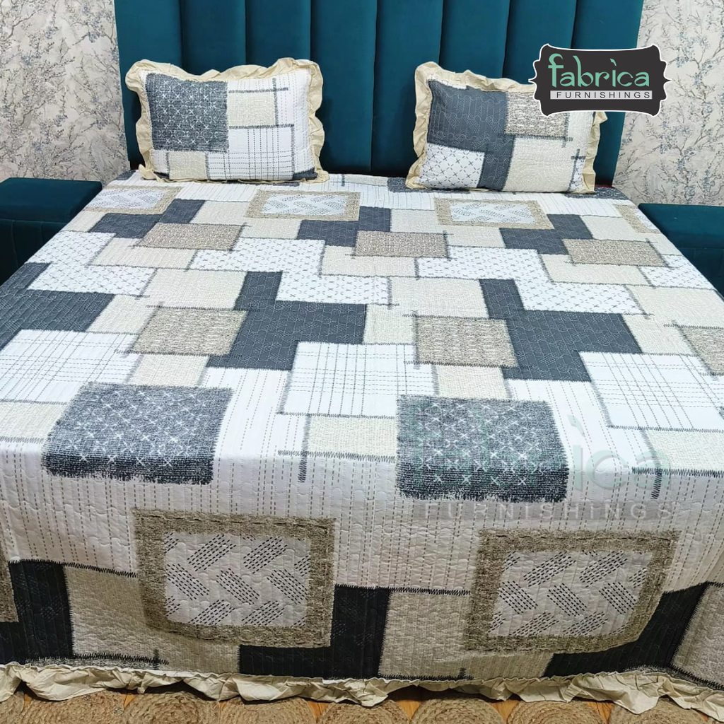 Florence Printed  King Size Pure Cotton Quilted Frill Work Bedcover