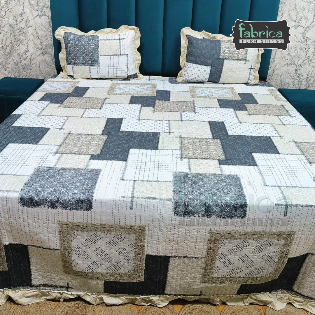 Florence Printed  King Size Pure Cotton Quilted Frill Work Bedcover