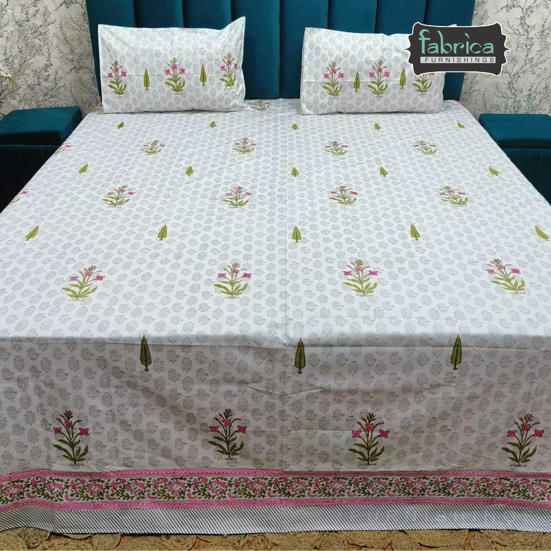 Dobby Checks 600 TC Hand block Printed  King-size Bedsheet