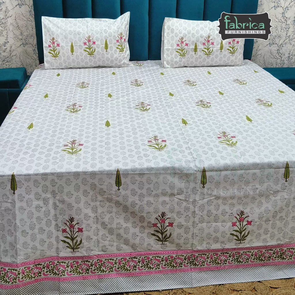 Dobby Checks 600 TC Hand block Printed  King-size Bedsheet