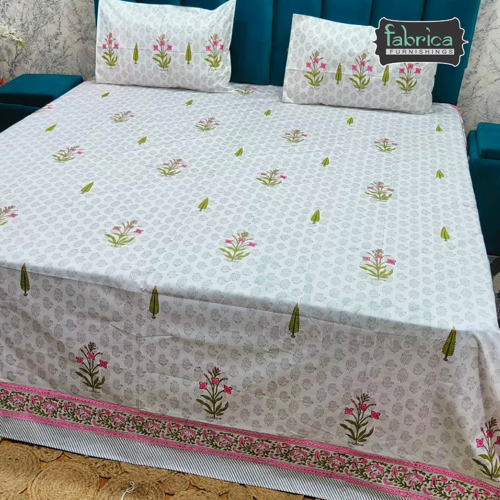 Dobby Checks 600 TC Hand block Printed  King-size Bedsheet