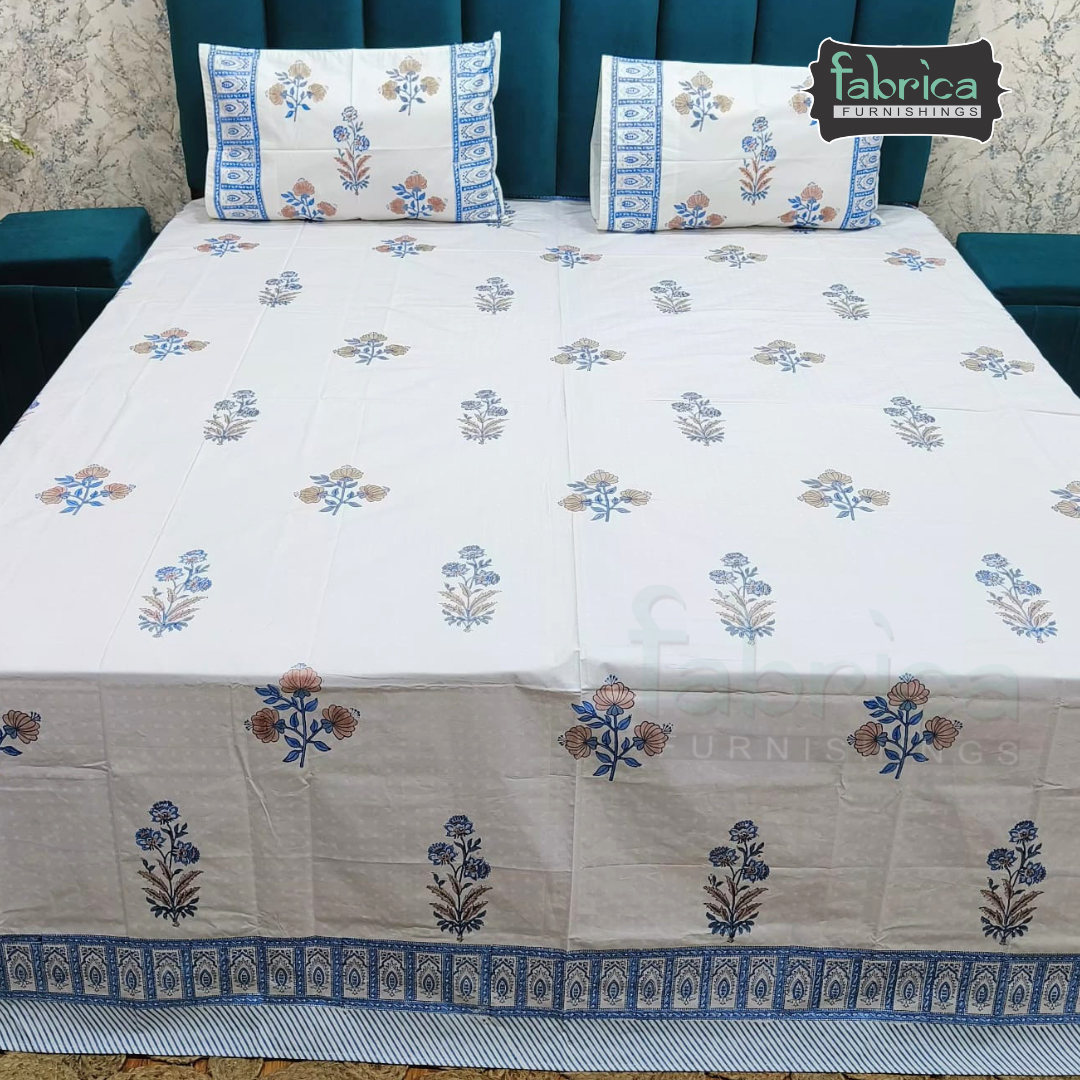 Dobby Checks 600 TC Hand block Printed  King-size Bedsheet