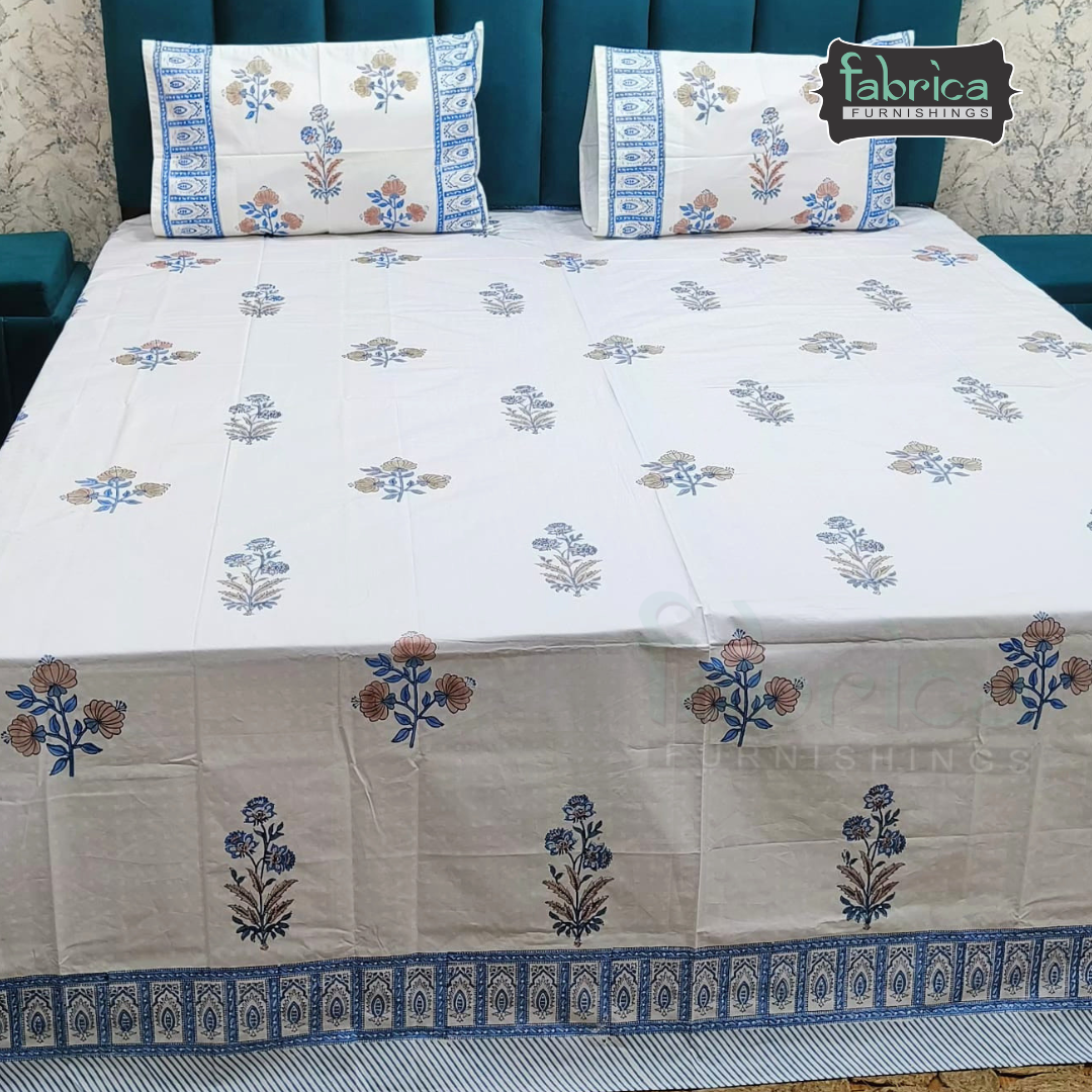 Dobby Checks 600 TC Hand block Printed  King-size Bedsheet