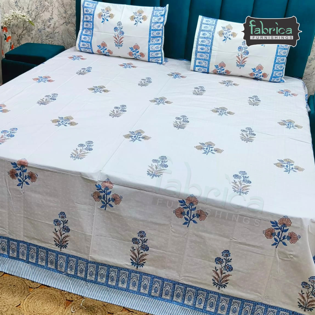 Dobby Checks 600 TC Hand block Printed  King-size Bedsheet