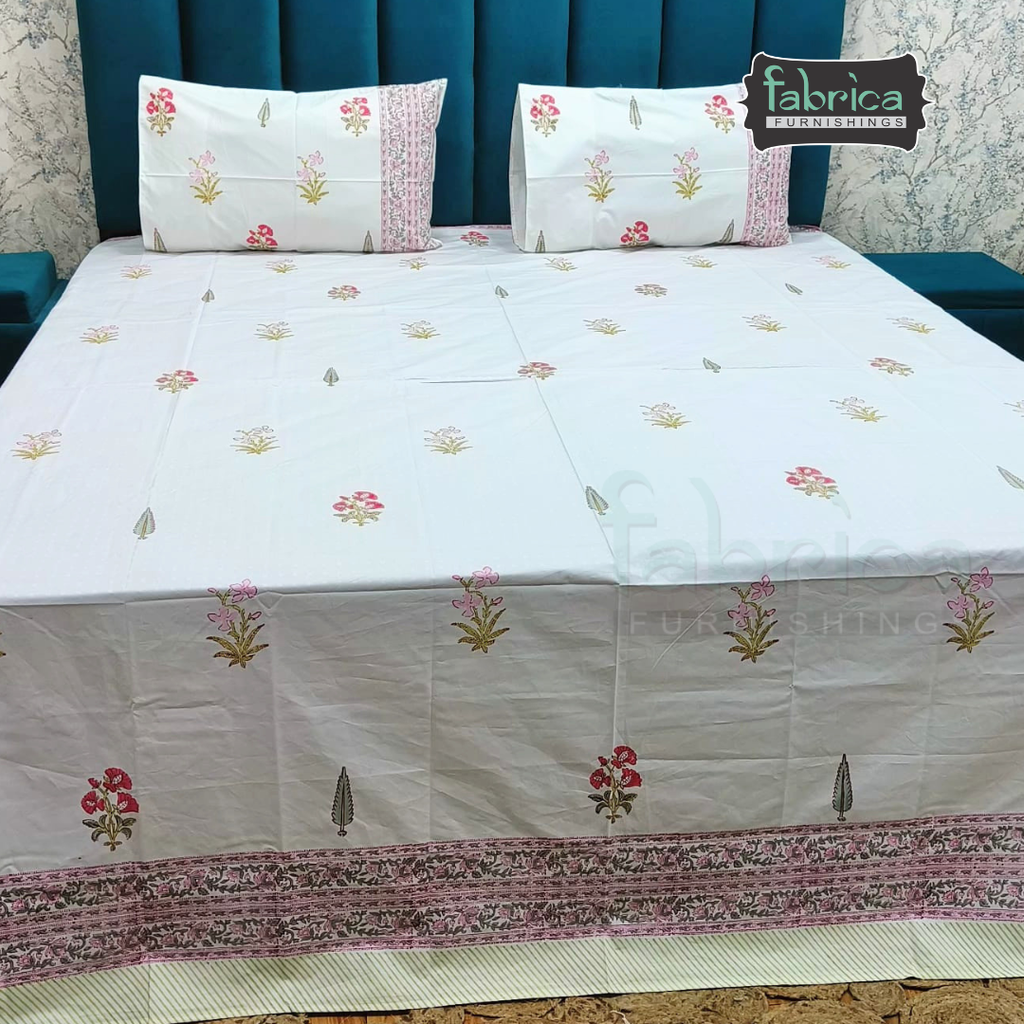 Dobby Checks 600 TC Hand block Printed  King-size Bedsheet