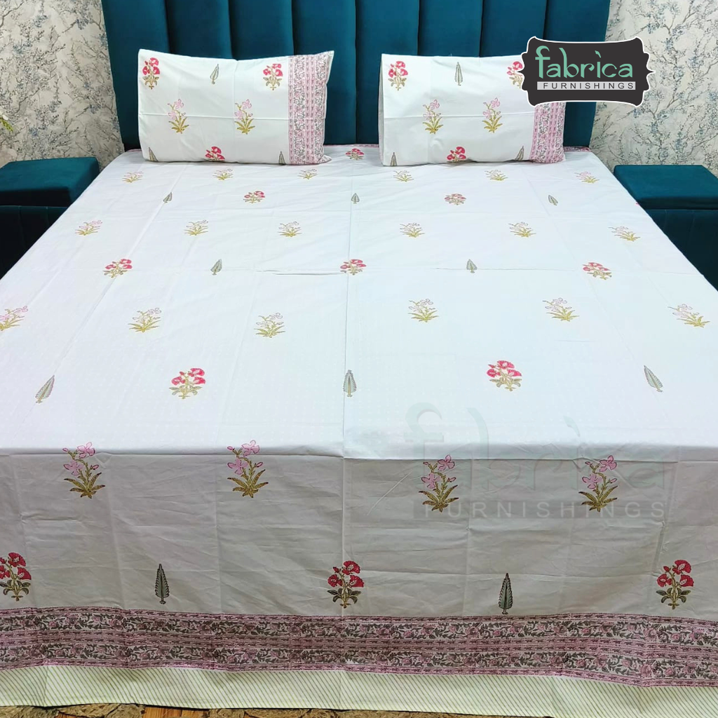 Dobby Checks 600 TC Hand block Printed  King-size Bedsheet