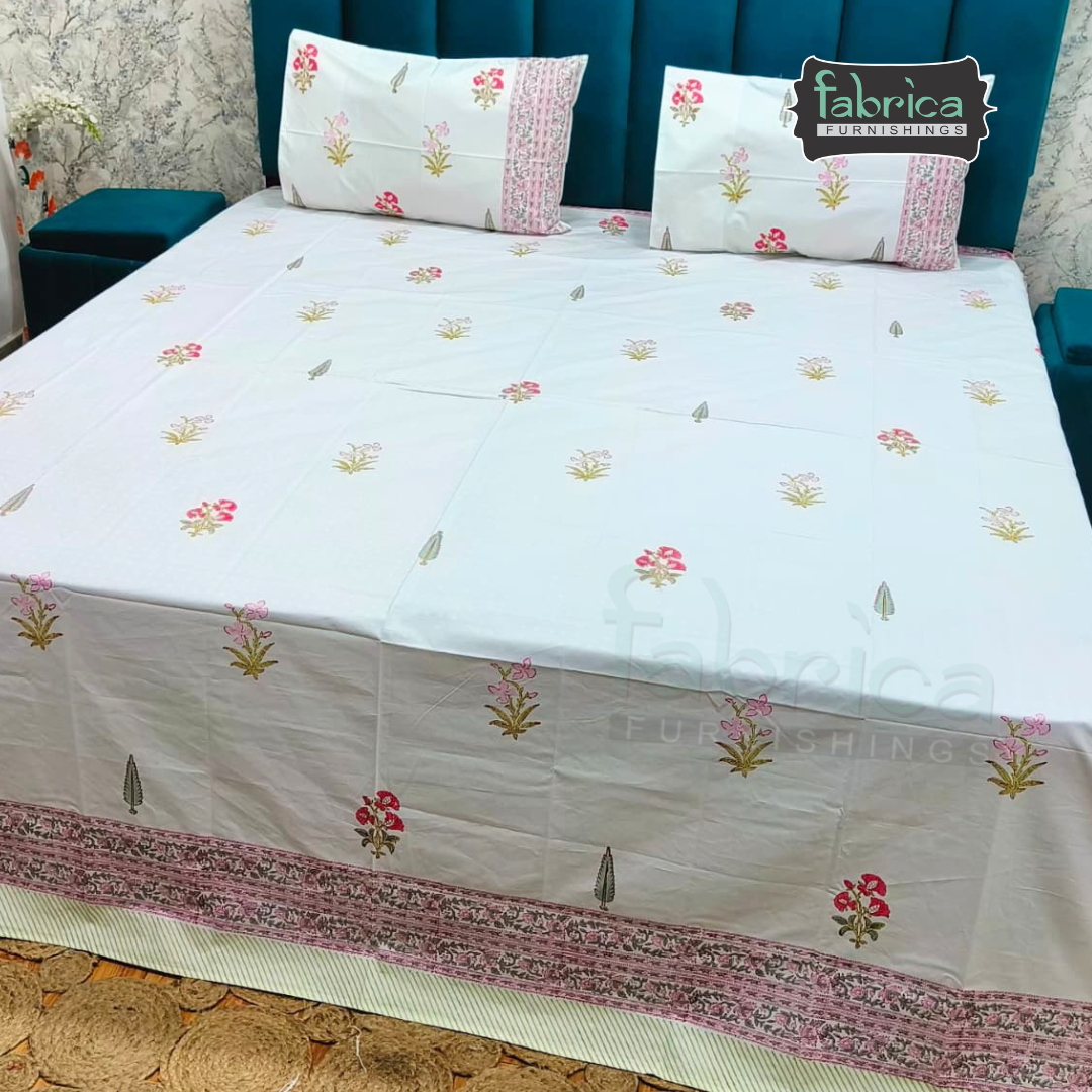Dobby Checks 600 TC Hand block Printed  King-size Bedsheet