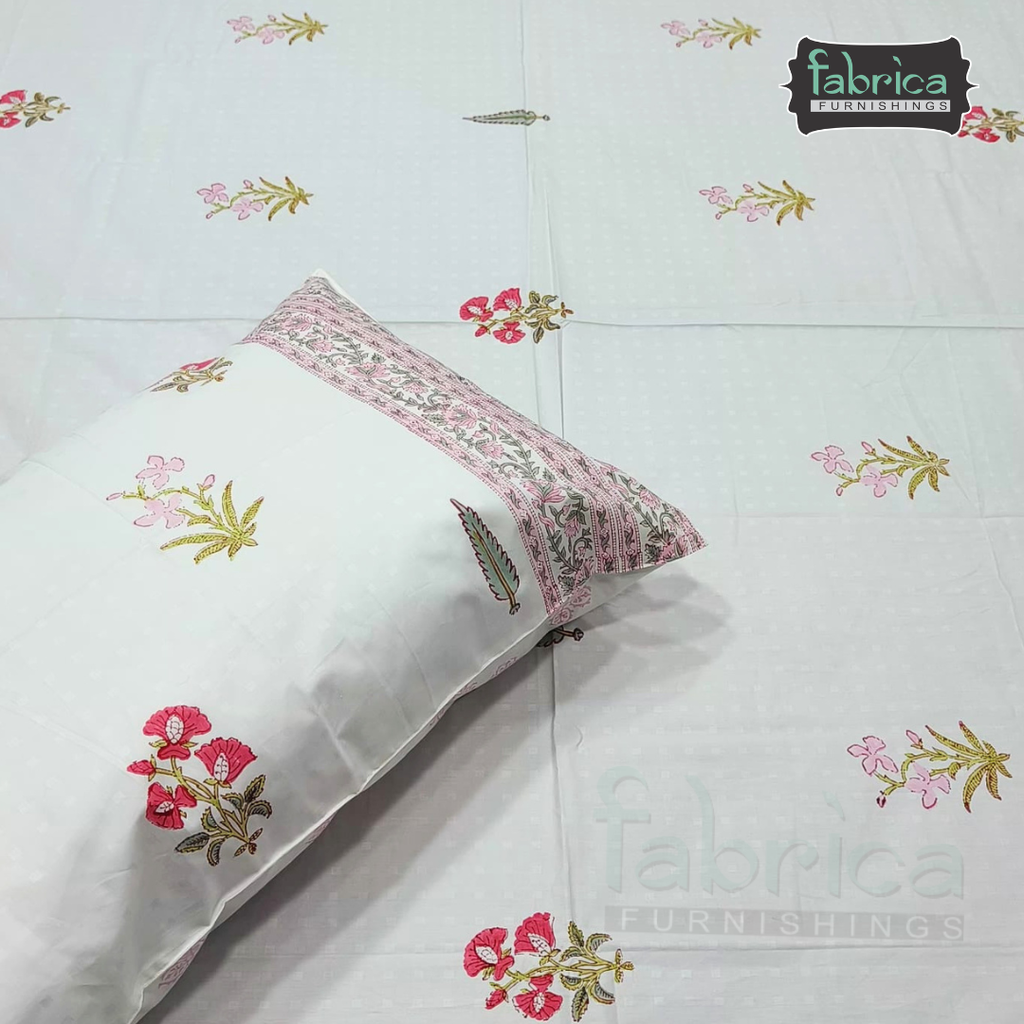 Dobby Checks 600 TC Hand block Printed  King-size Bedsheet