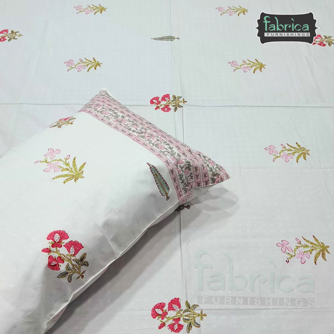 Dobby Checks 600 TC Hand block Printed  King-size Bedsheet