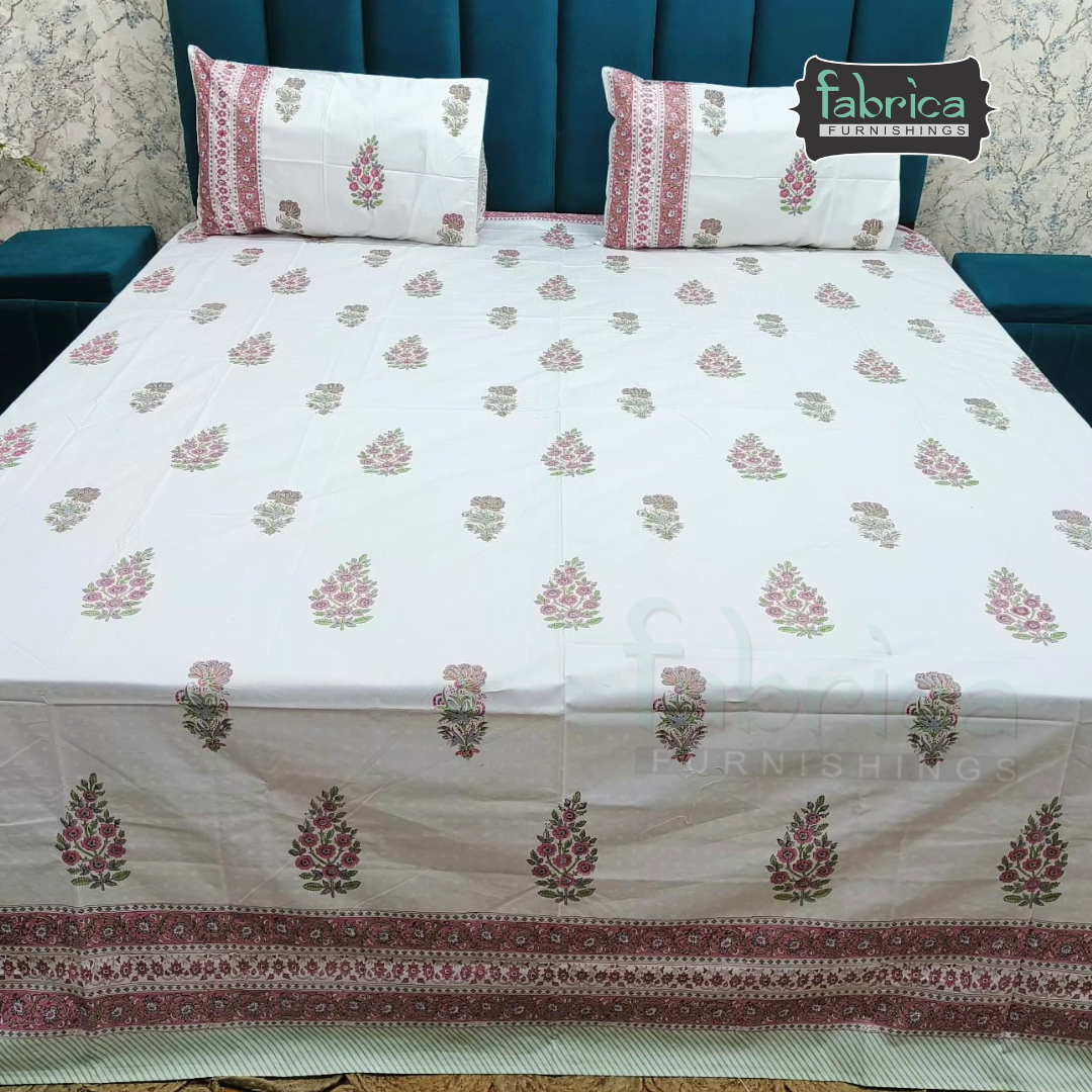 Dobby Checks 600 TC Hand block Printed  King-size Bedsheet