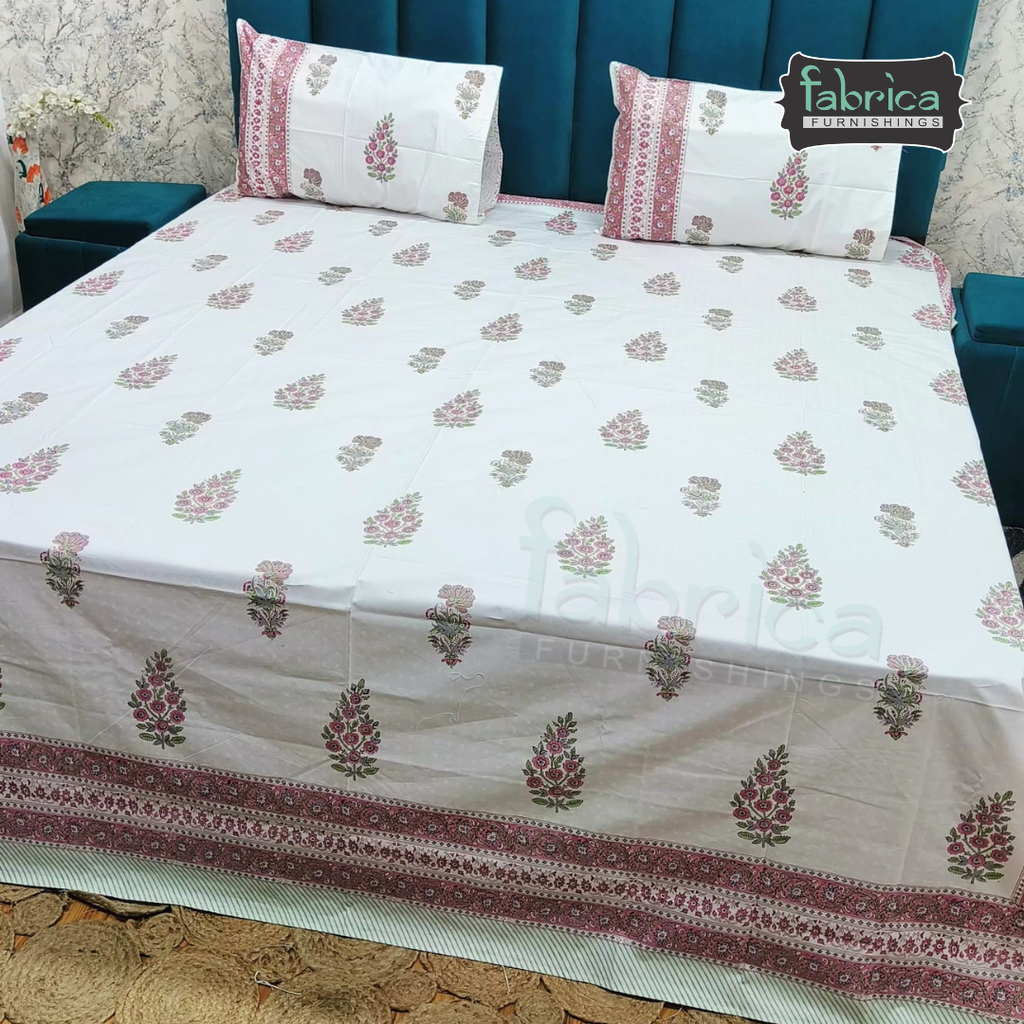 Dobby Checks 600 TC Hand block Printed  King-size Bedsheet