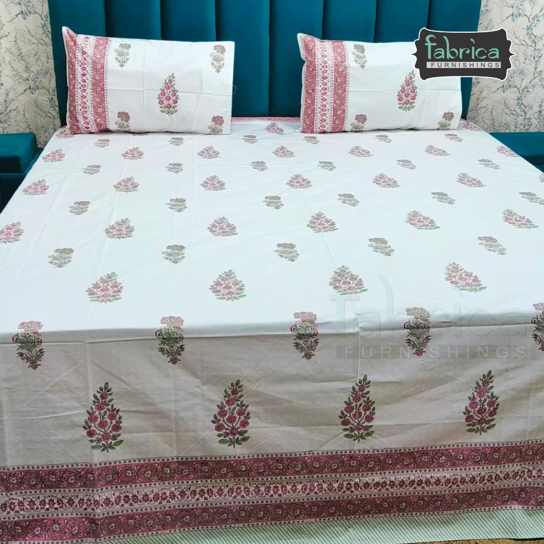 Dobby Checks 600 TC Hand block Printed  King-size Bedsheet