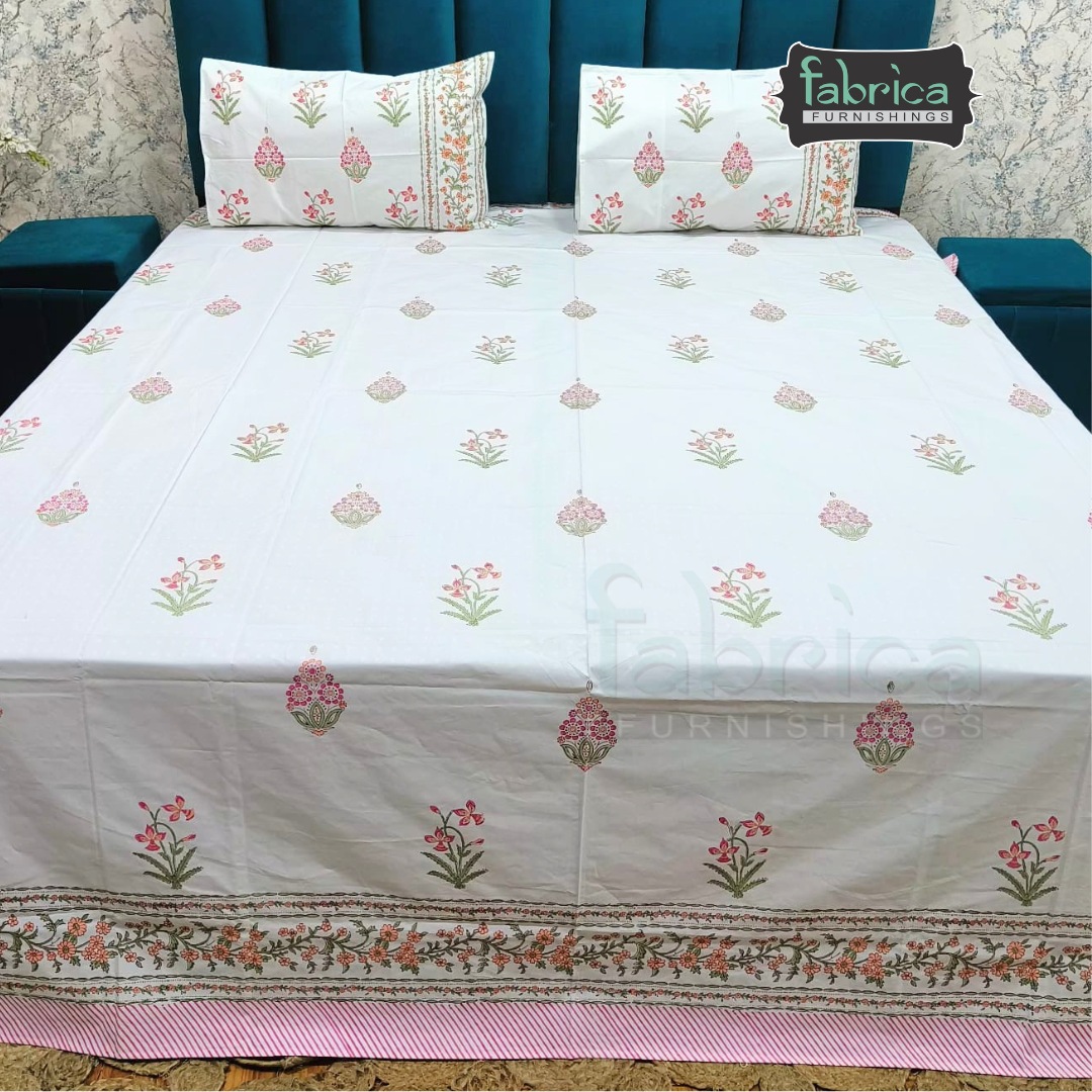 Dobby Checks 600 TC Hand block Printed  King-size Bedsheet