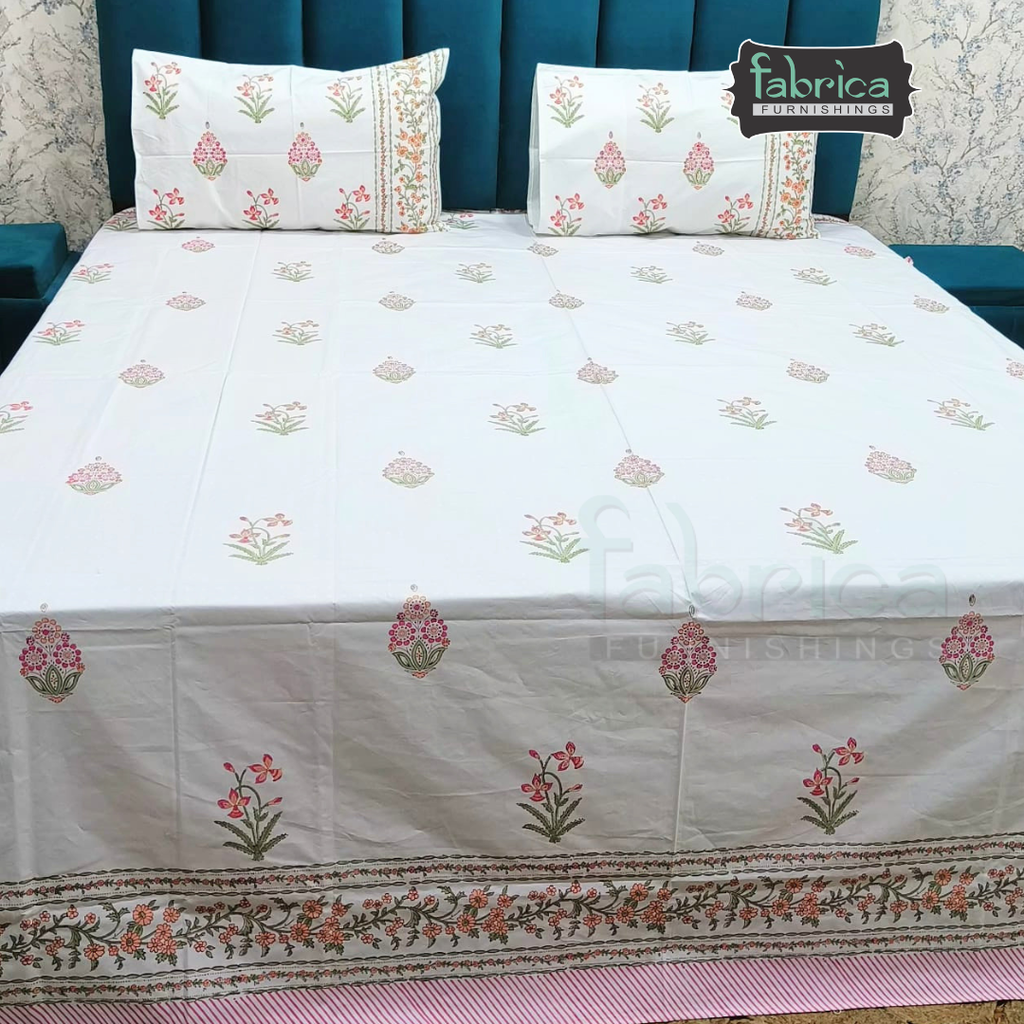 Dobby Checks 600 TC Hand block Printed  King-size Bedsheet