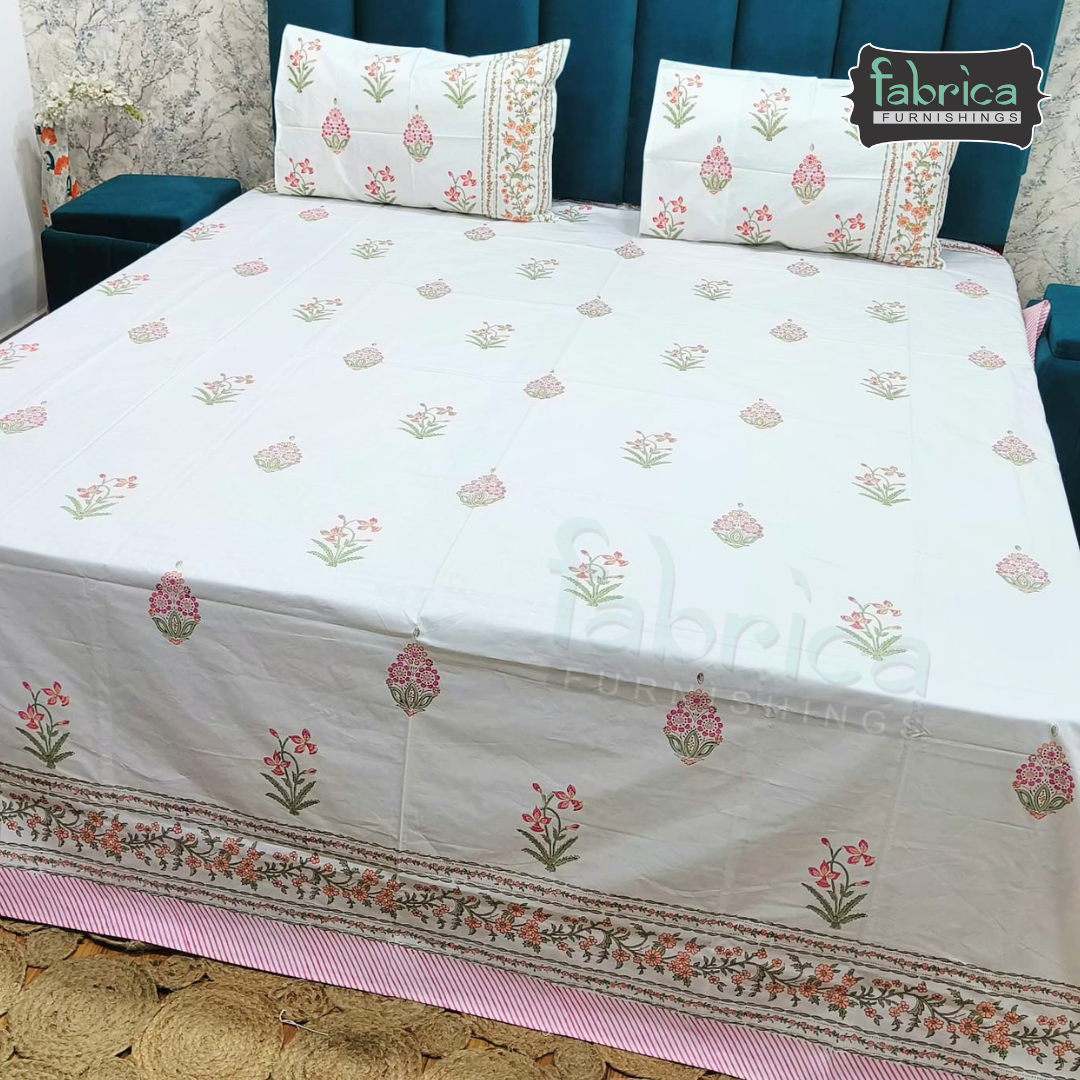 Dobby Checks 600 TC Hand block Printed  King-size Bedsheet
