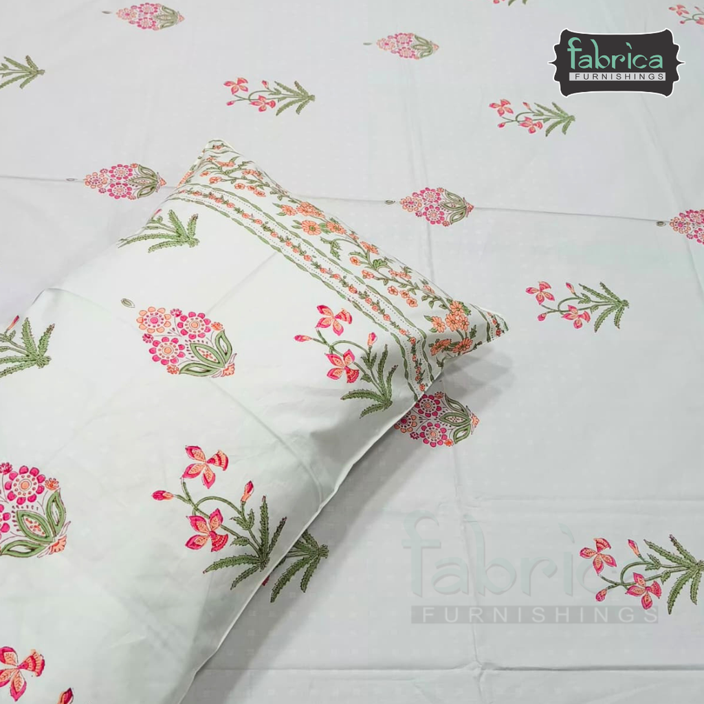 Dobby Checks 600 TC Hand block Printed  King-size Bedsheet