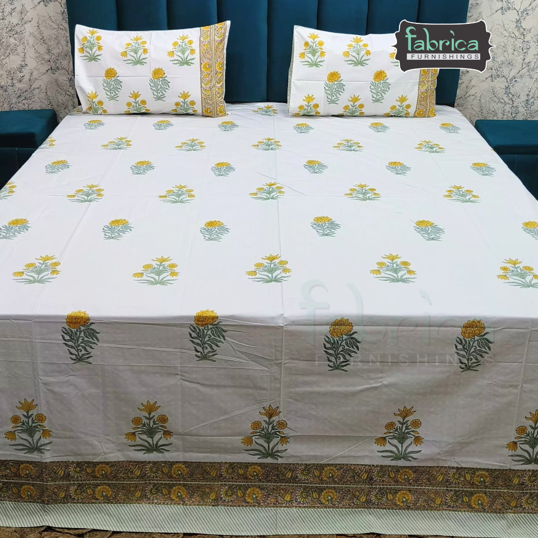 Dobby Checks 600 TC Hand block Printed  King-size Bedsheet