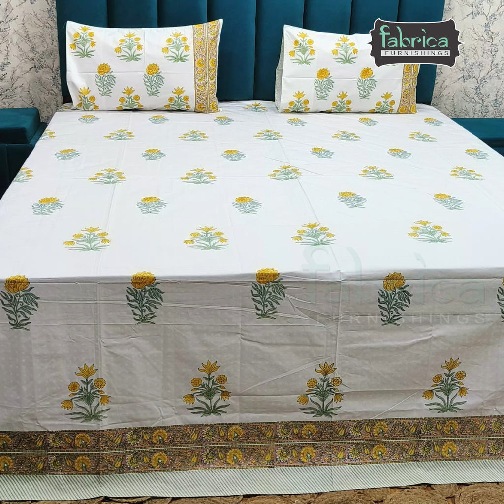 Dobby Checks 600 TC Hand block Printed  King-size Bedsheet
